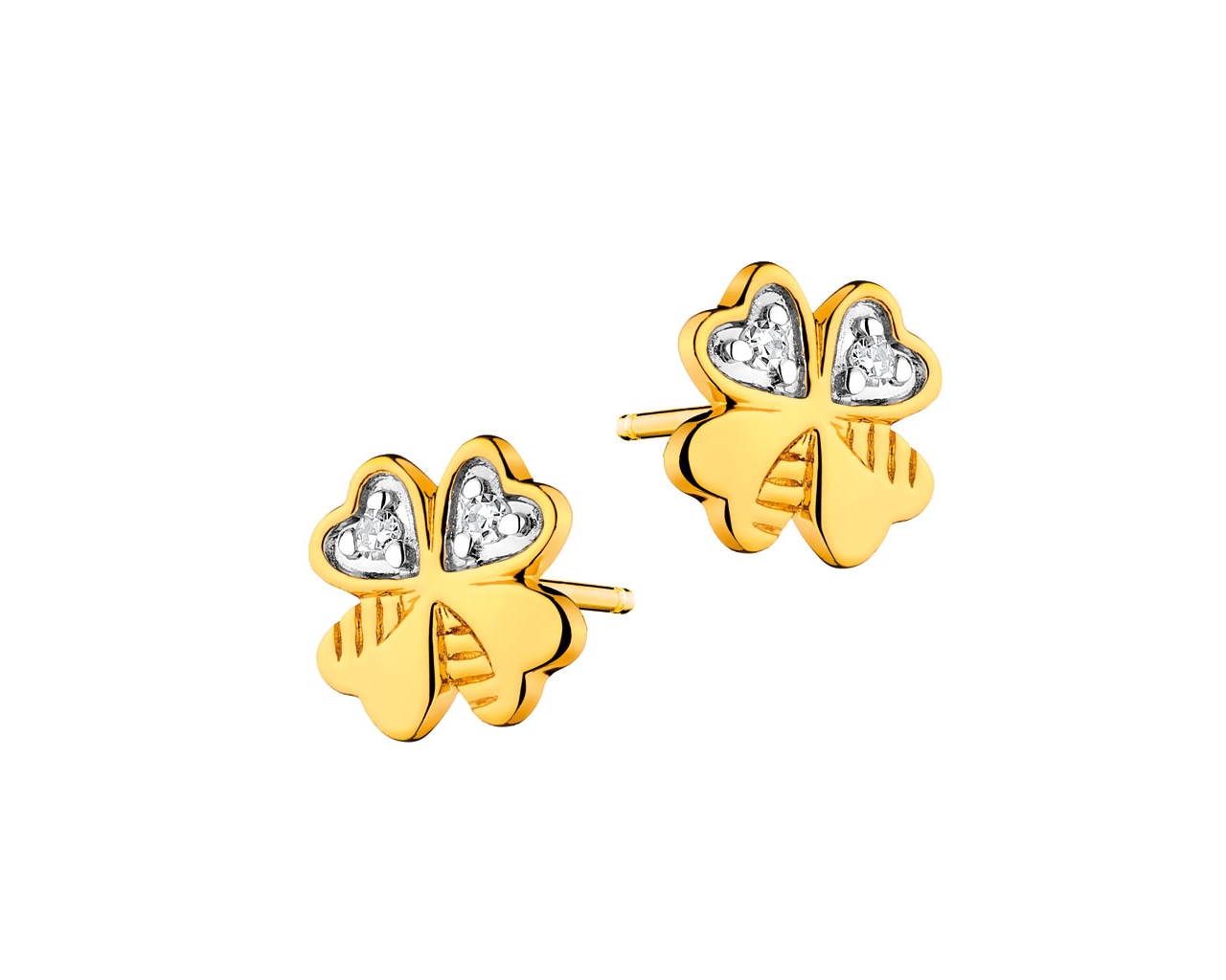 Kolczyki z żółtego złota z diamentami - koniczynki 0,02 ct - próba 585