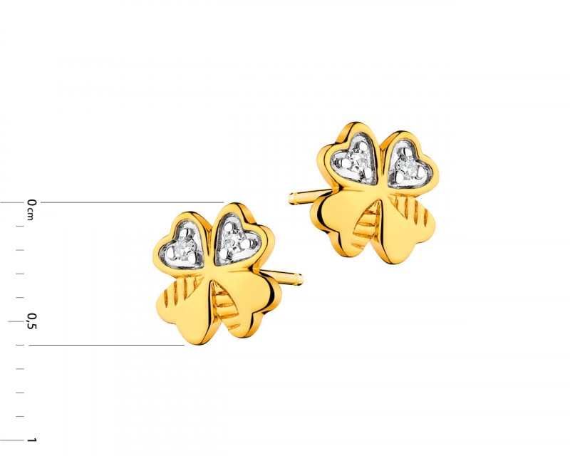 Kolczyki z żółtego złota z diamentami - koniczyny 0,02 ct - próba 585