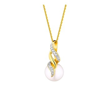 Yellow gold pearl and diamond pendant - fineness 14 K