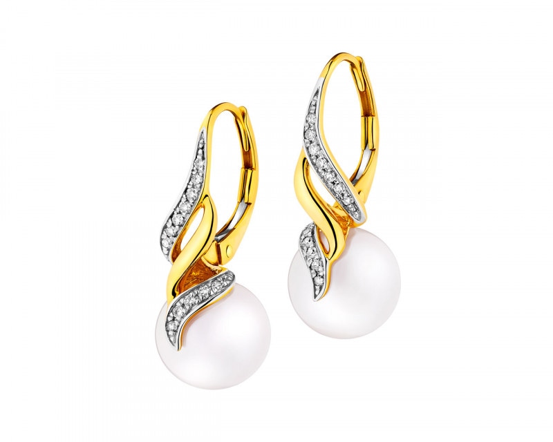 Yellow gold pearl and diamond earrings - fineness 14 K