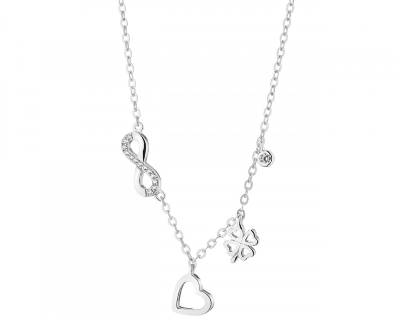 Naszyjnik srebrny z cyrkoniami - nieskończoność, serce, koniczyna