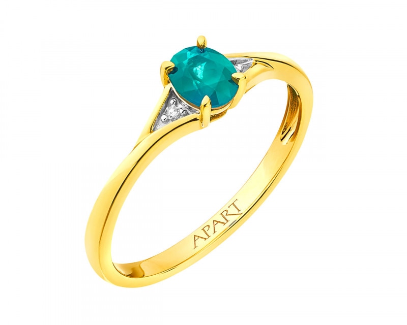 Prsten ze žlutého zlata s diamanty  a smaragdem - ryzost 585