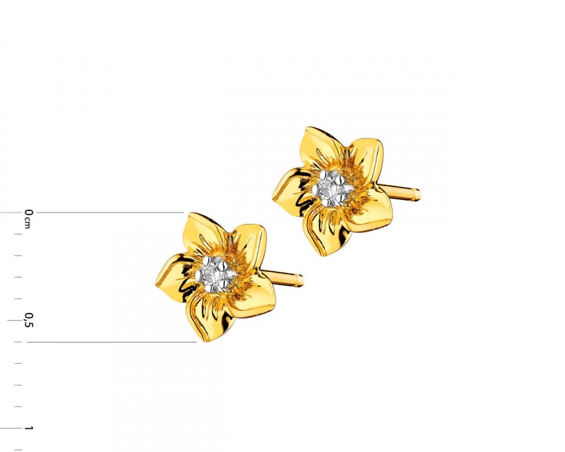 Kolczyki z żółtego złota z diamentami - kwiaty 0,008 ct - próba 375