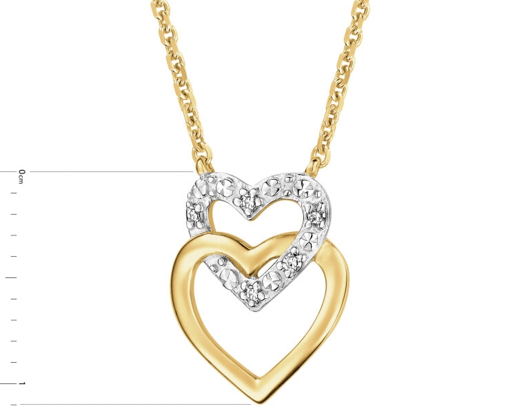 Naszyjnik z żółtego złota z diamentami - serca - 0,01 ct - próba 375