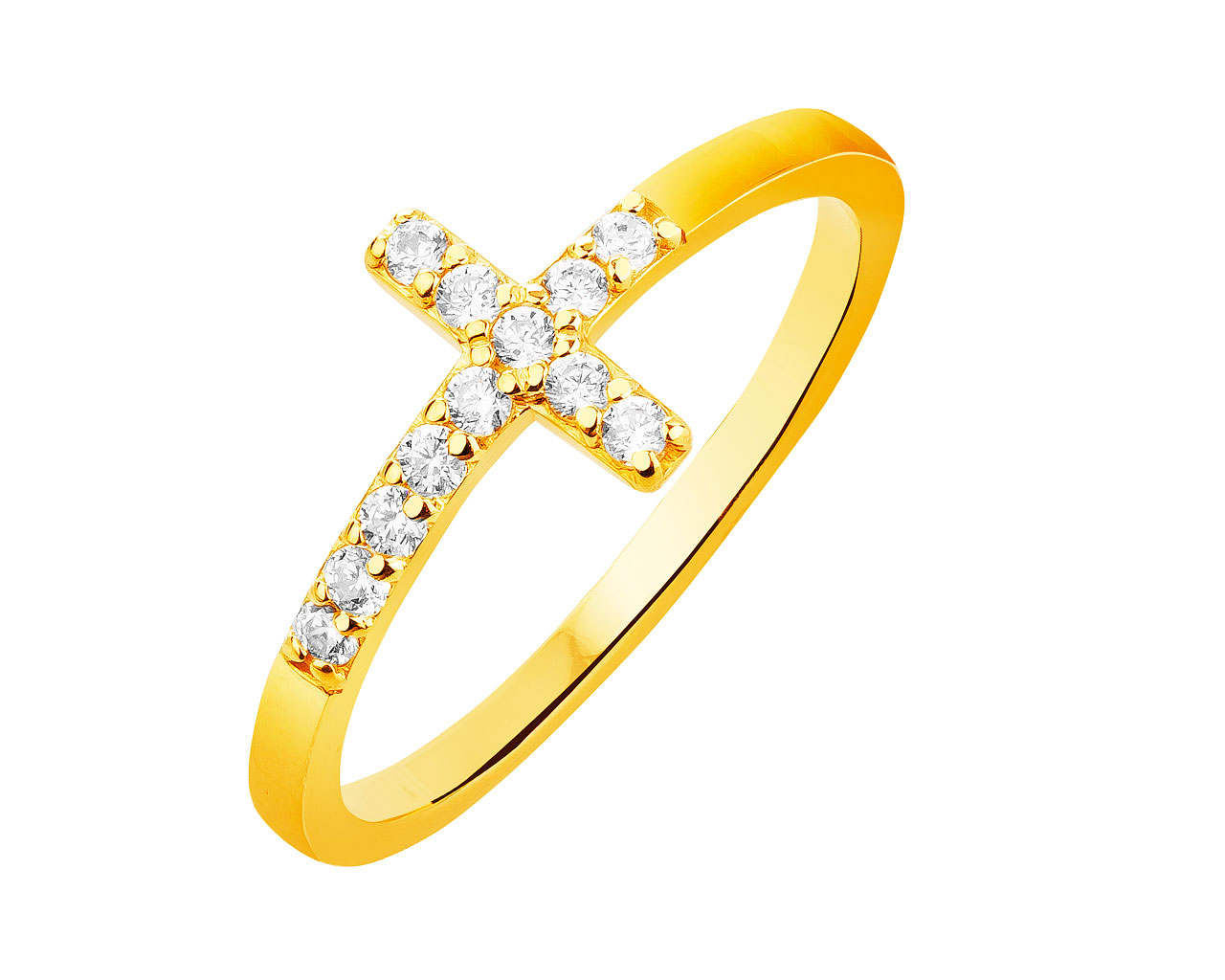 Złoty pierścionek z cyrkoniami - krzyż
