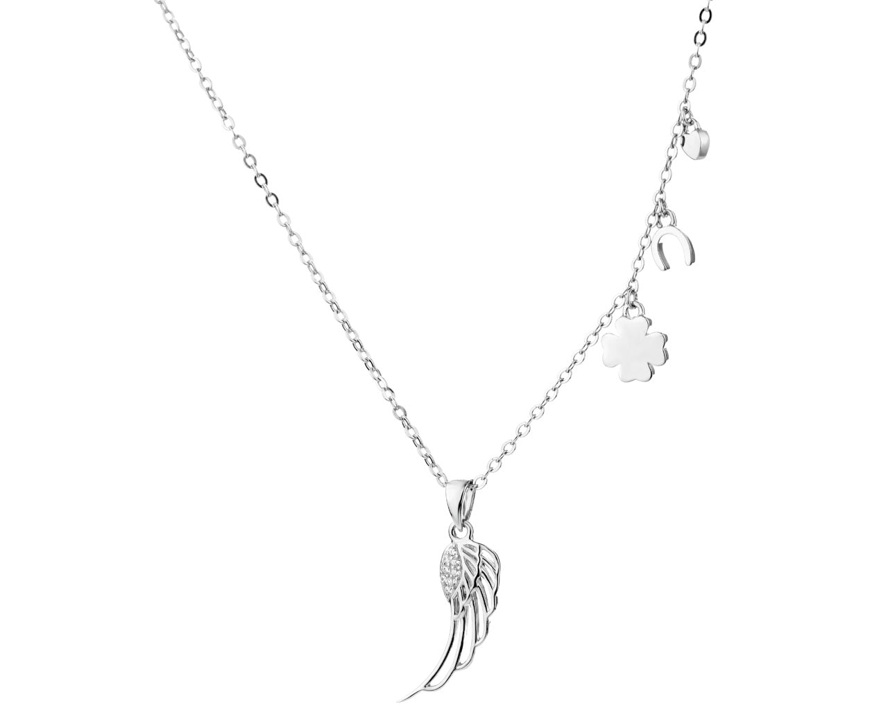 Naszyjnik srebrny z cyrkoniami - skrzydło, koniczyna, podkowa