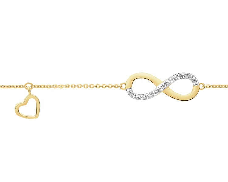 Bransoletka z żółtego złota z diamentami - nieskończoność, serce - 0,01 ct - próba 375