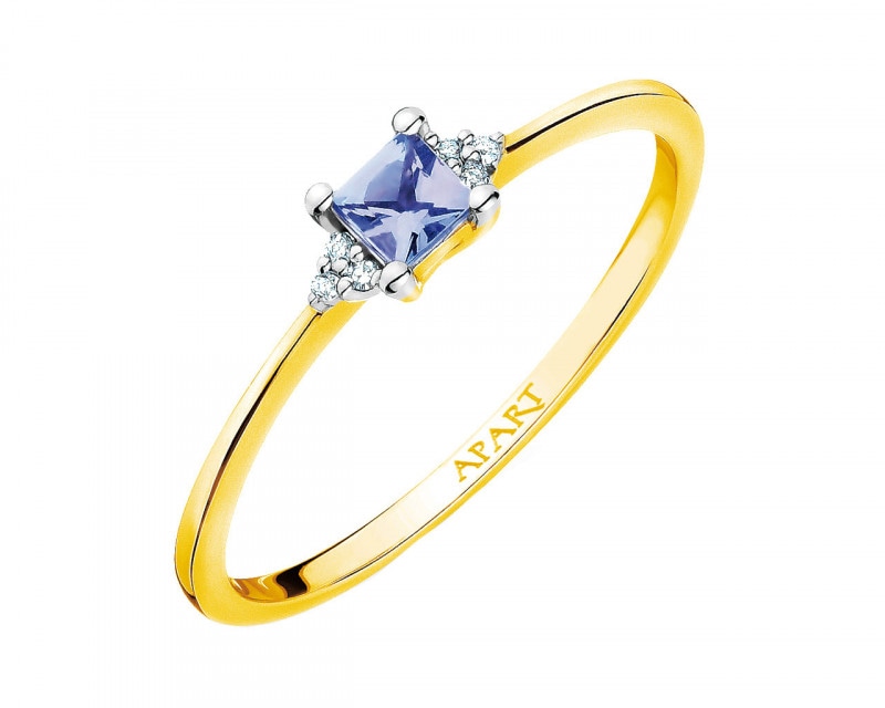 Prsten ze žlutého zlata s diamanty a tanzanitem - ryzost 585