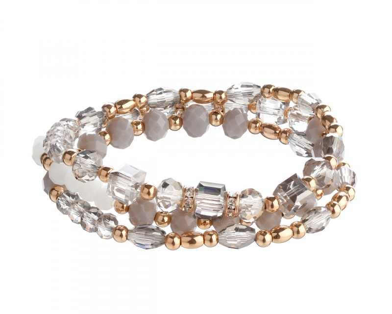 Gold plated brass bracelet with crystals, gemstones and glass beads