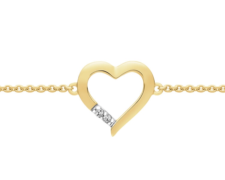 Bransoletka z żółtego złota z diamentami - serce - 0,006 ct - próba 375
