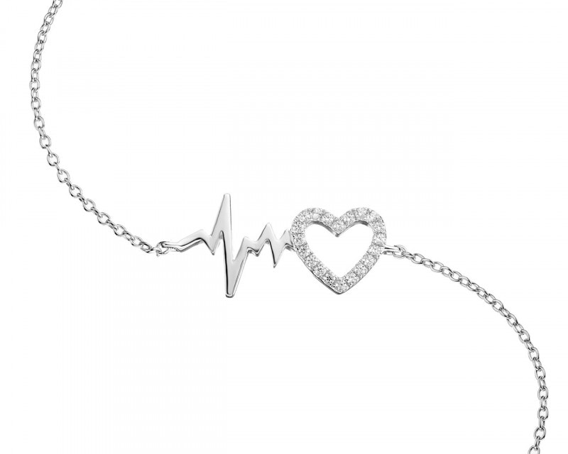Bransoletka srebrna z cyrkoniami - EKG serca, serce