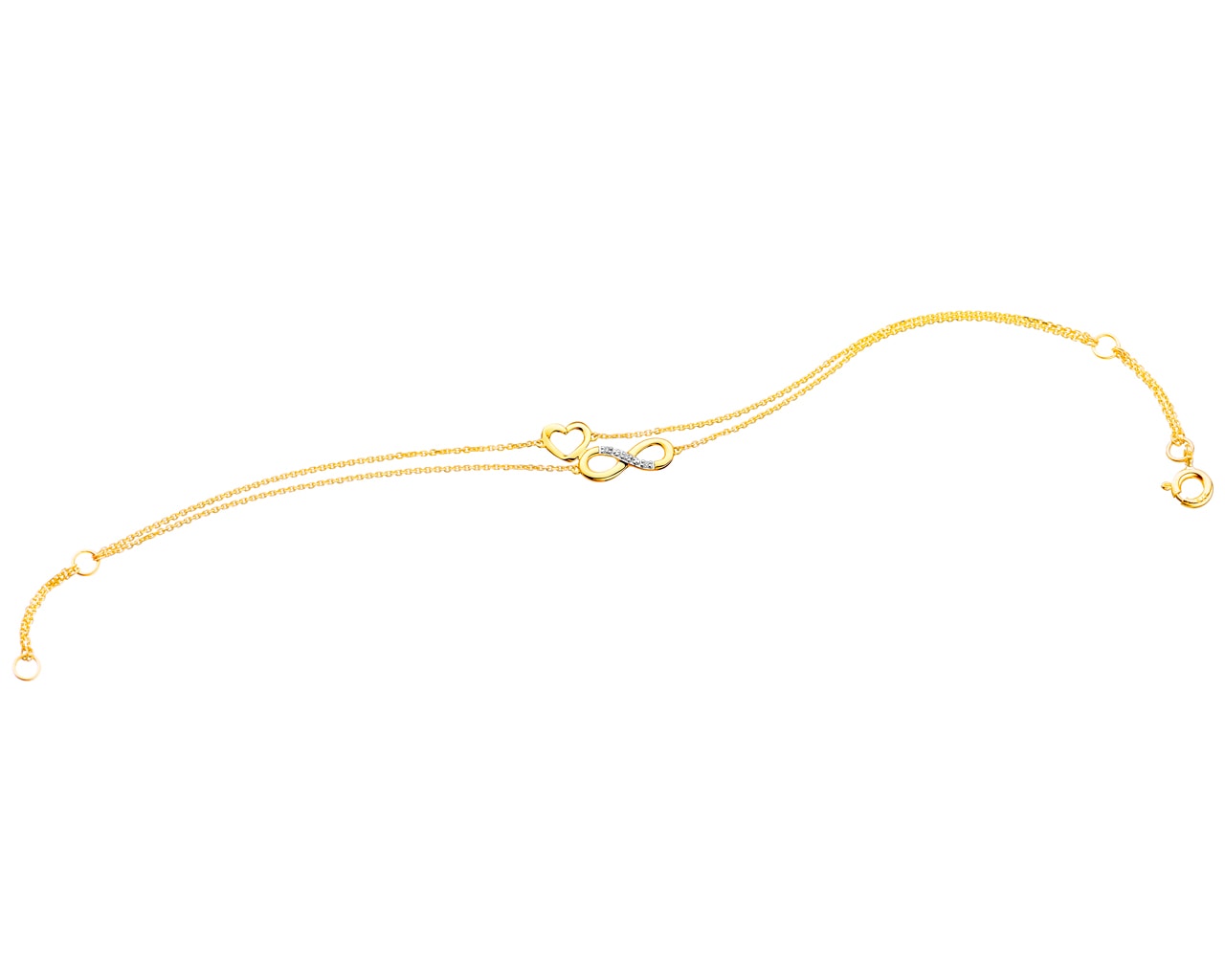 Bransoletka z żółtego złota z diamentami - nieskończoność, serce 0,01 ct - próba 375