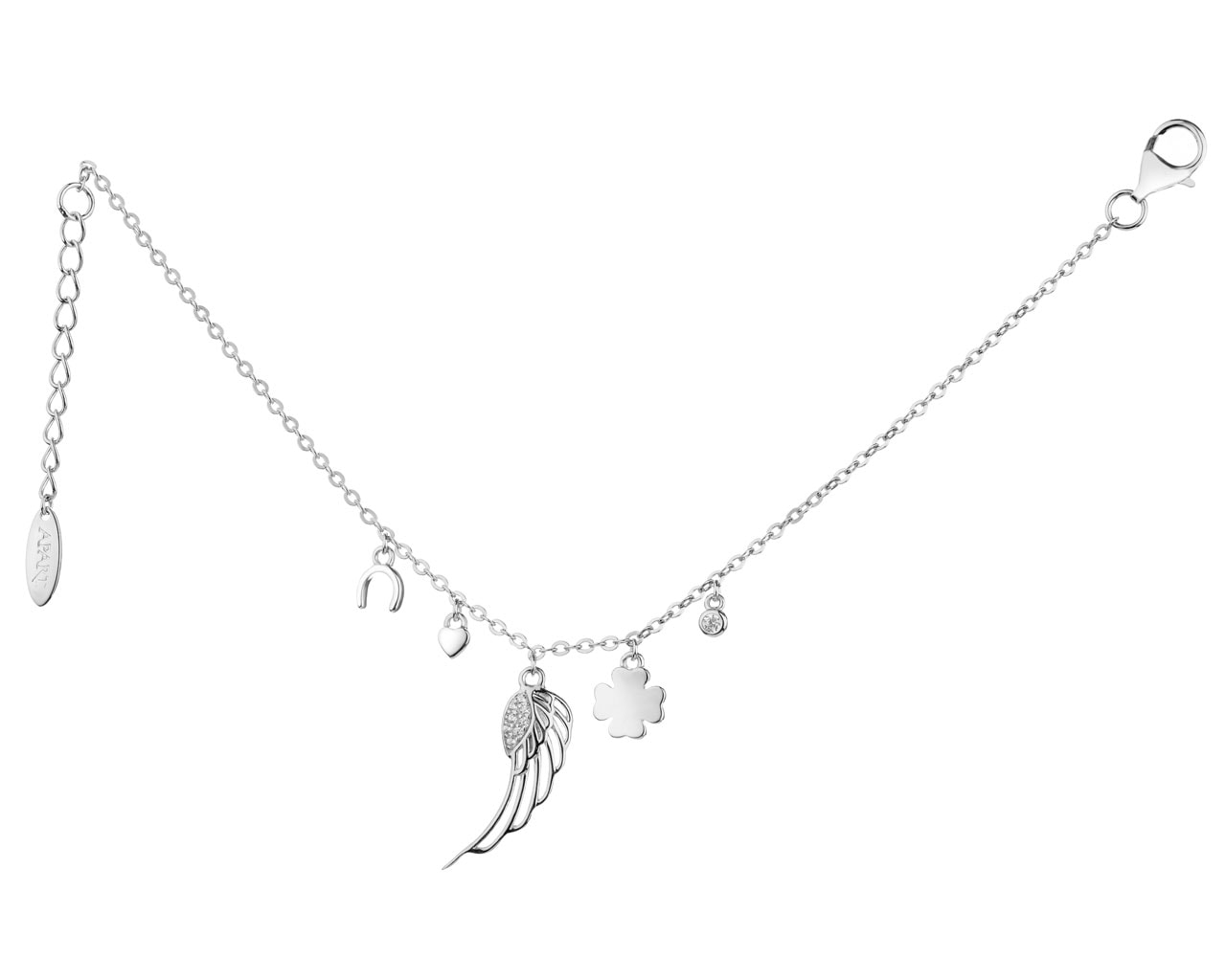 Bransoletka srebrna z cyrkoniami - podkowa, serce, skrzydło, koniczyna