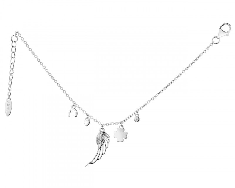Bransoletka srebrna z cyrkoniami - podkowa, serce, skrzydło, koniczyna