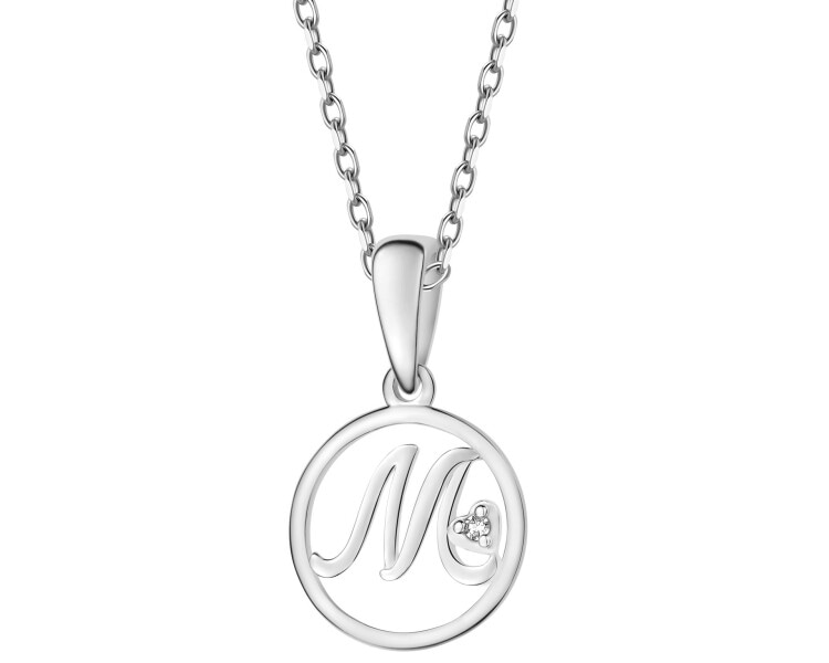 Zawieszka z białego złota z diamentem - litera M - 0,003 ct - próba 585