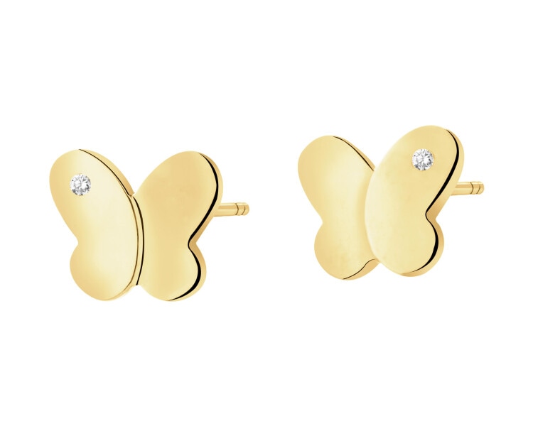 Kolczyki z żółtego złota z diamentami - motyle - 0,004 ct - próba 375