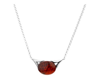 Rhodium Plated Silver Necklace with Amber