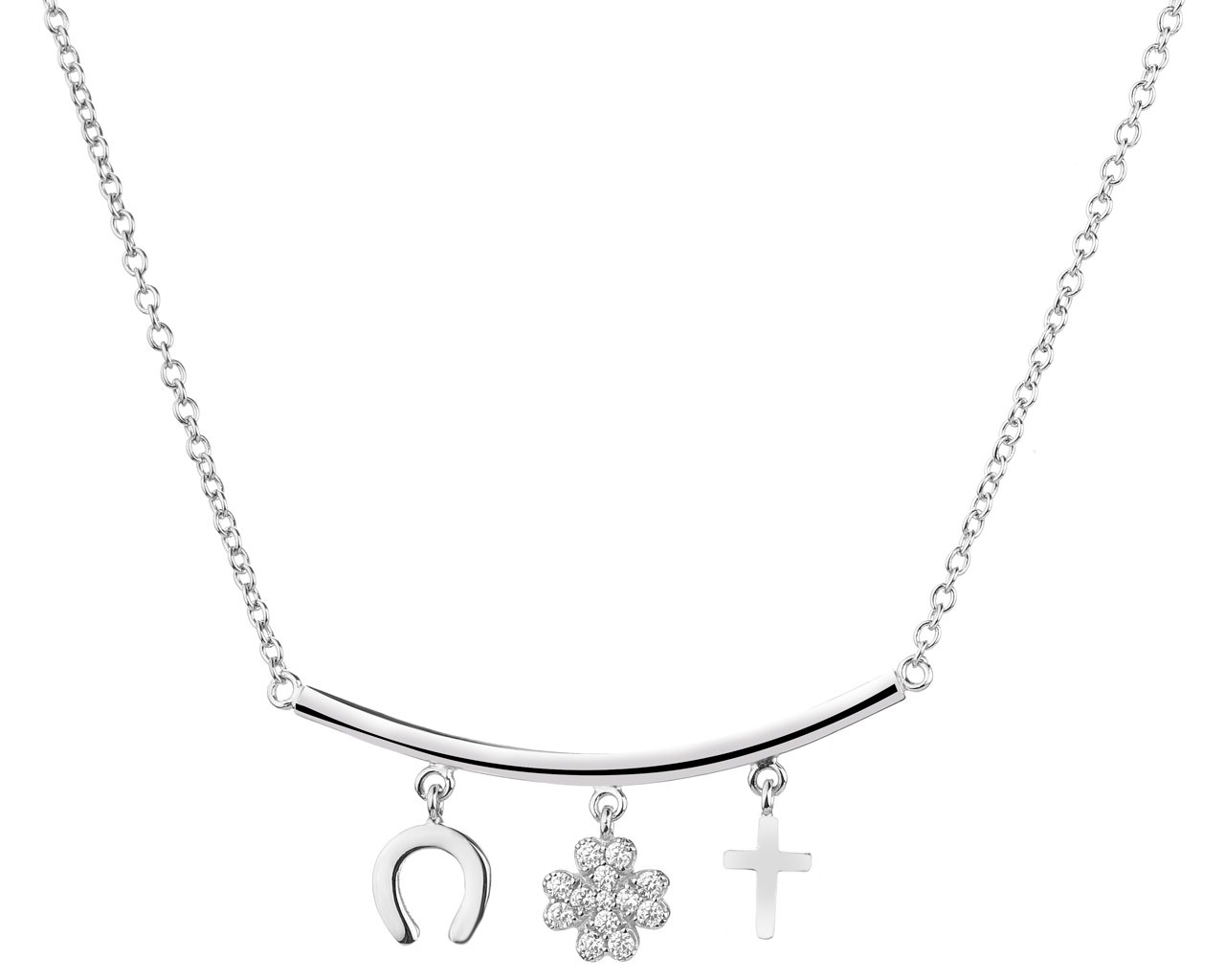 Naszyjnik srebrny z cyrkoniami - podkowa, koniczyna, krzyż