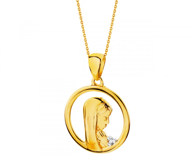 Zawieszka z żółtego złota z diamentem - medalik Matka Boska 0,004 ct - próba 375
