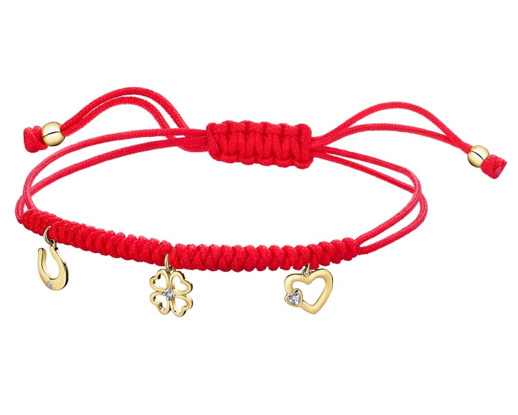 Bransoletka z elementami żółtego złota i diamentami - podkowa, koniczyna, serce - 0,01 ct - próba 375