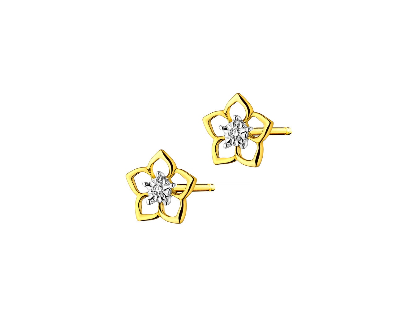 Kolczyki z żółtego złota z diamentami  - kwiaty 0,006 ct - próba 375