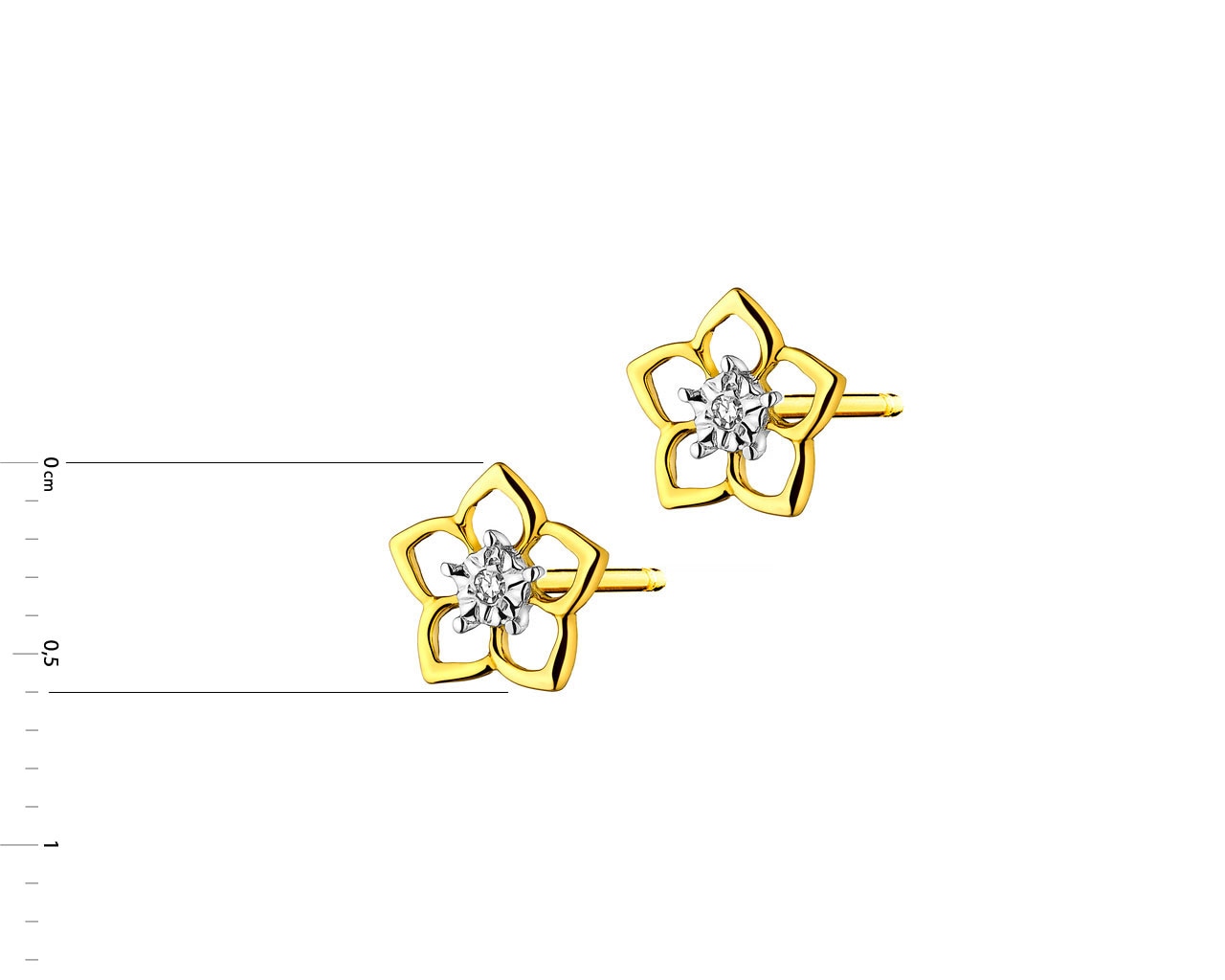 Kolczyki z żółtego złota z diamentami  - kwiaty 0,006 ct - próba 375