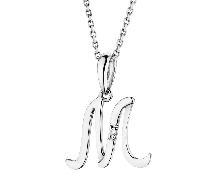 Zawieszka z białego złota z diamentem - litera M - 0,004 ct - próba 585