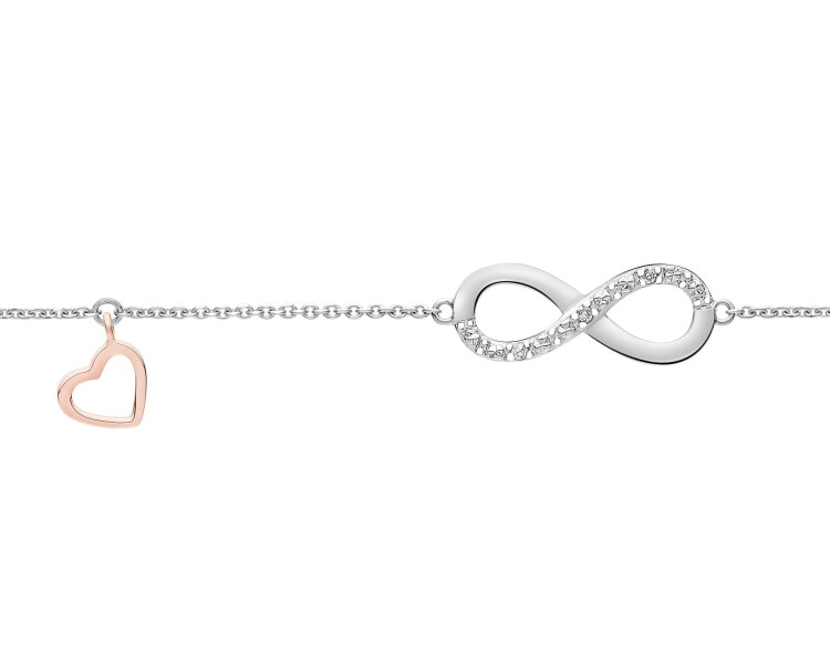 Bransoletka z białego i różowego złota z diamentami - nieskończoność, serce - 0,01 ct - próba 375