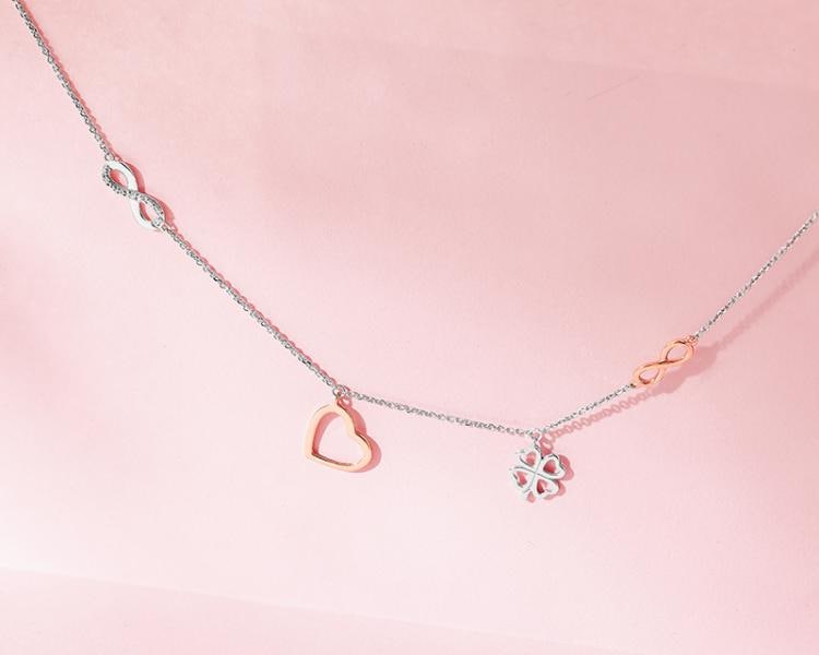 Naszyjnik z białego i różowego złota z diamentami - serce, nieskończoność, koniczyna 0,01 ct - próba 375
