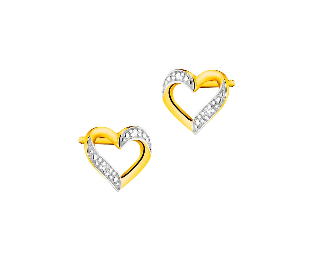 Kolczyki z żółtego złota z diamentami - serca 0,004 ct - próba 585