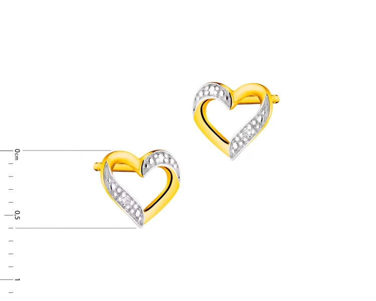 Kolczyki z żółtego złota z diamentami - serca 0,004 ct - próba 585