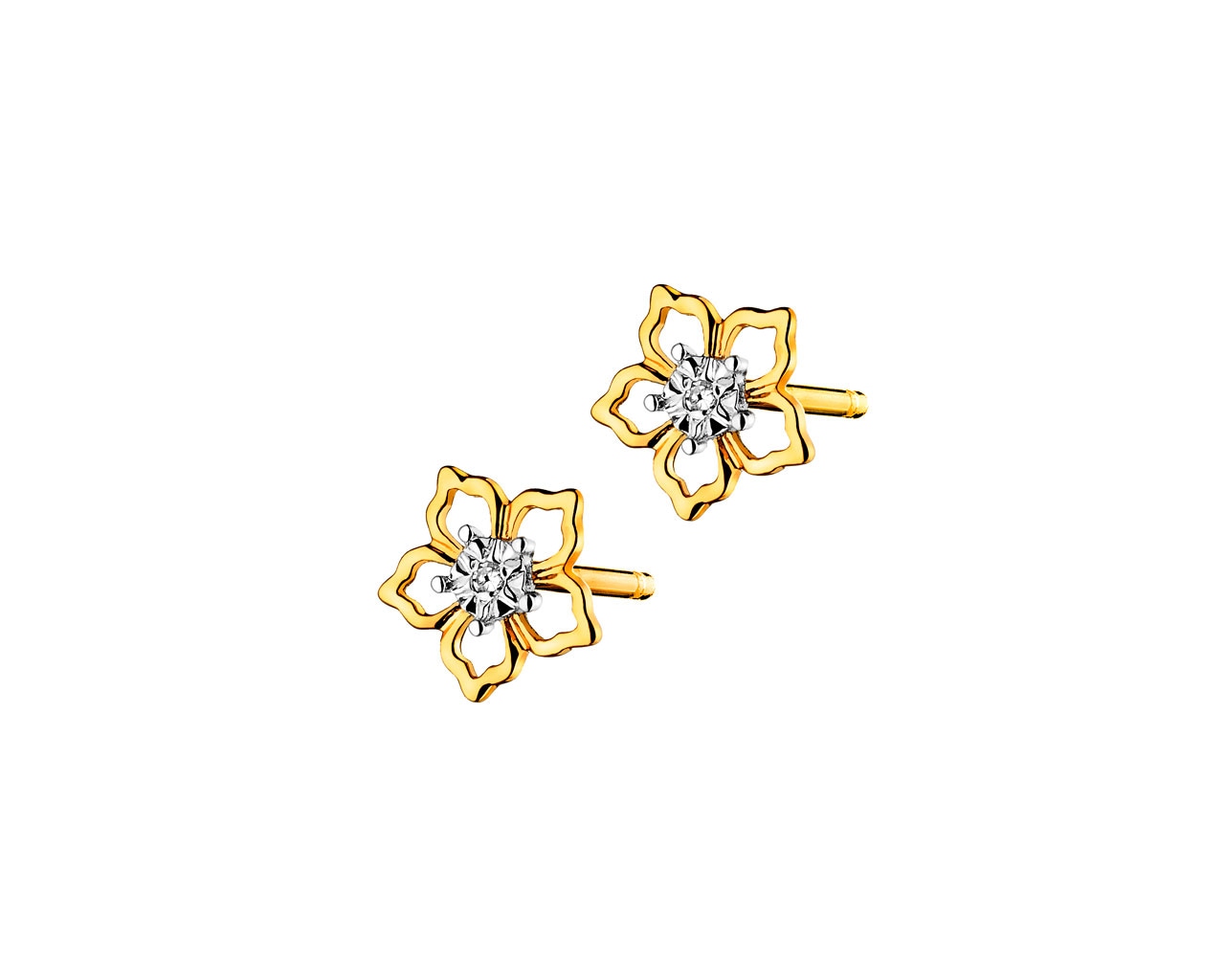 Kolczyki z żółtego złota z diamentami - kwiaty 0,006 ct - próba 585
