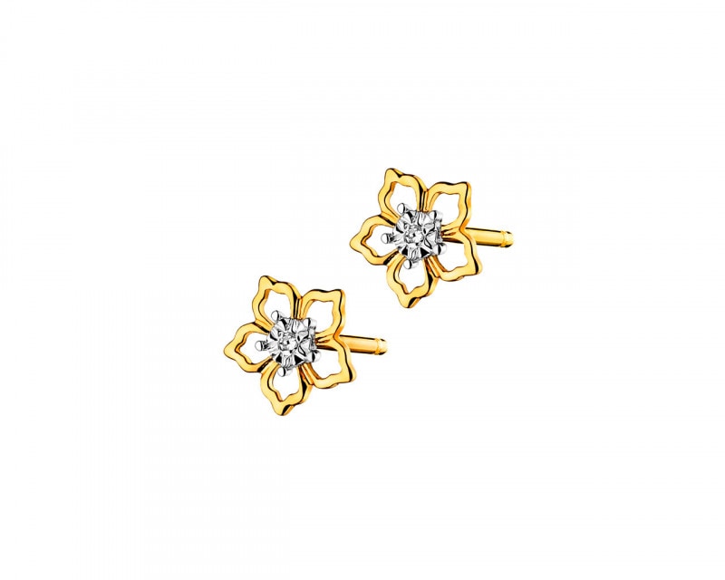 Kolczyki z żółtego złota z diamentami - kwiaty 0,006 ct - próba 585