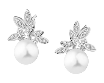Kolczyki srebrne z perłami i cyrkoniami - liście