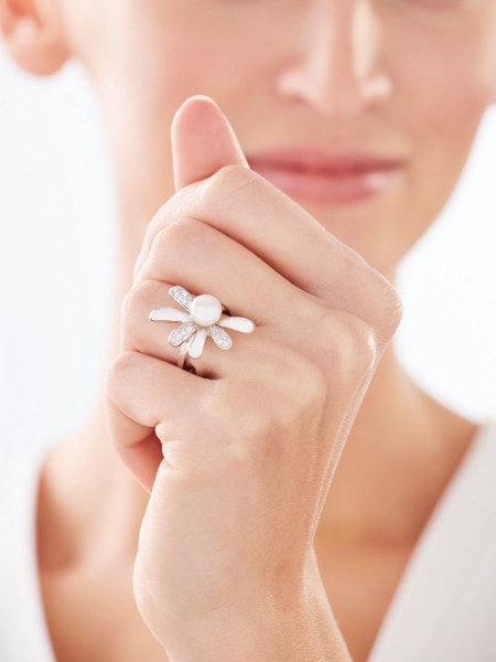 Rhodium Plated Silver Ring with Pearl