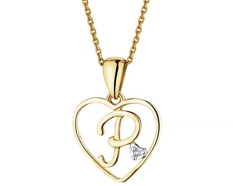 Gold pendant with diamond - letter P, heart - 0,005 ct - fineness 9 K
