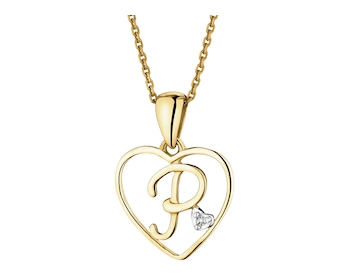 Zawieszka z żółtego złota z diamentem - litera P, serce - 0,005 ct - próba 375