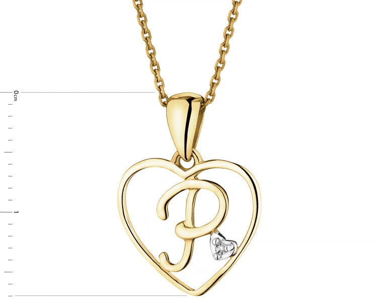 Gold pendant with diamond - letter P, heart - 0,005 ct - fineness 9 K