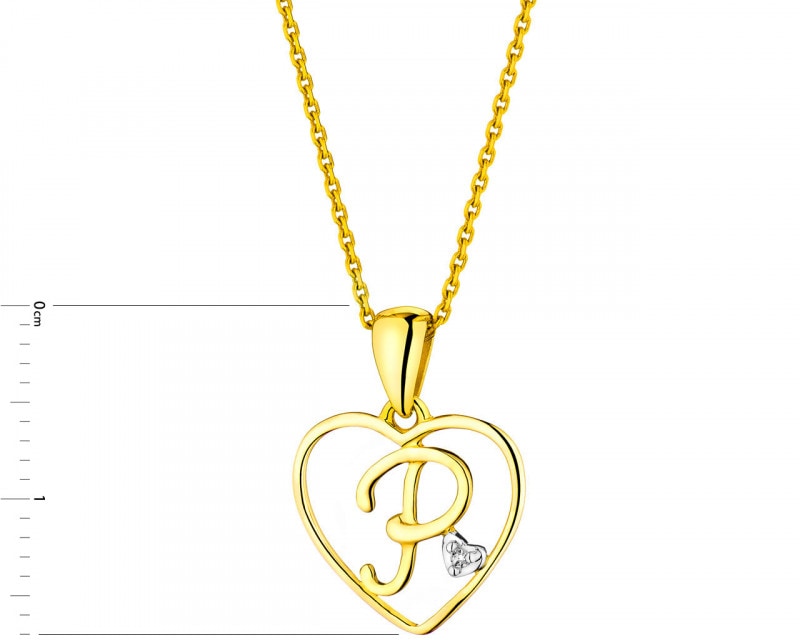 Gold pendant with diamond - letter P, heart 0,005 ct - fineness 9 K