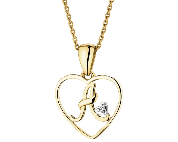 Zawieszka z żółtego złota z diamentem - litera A, serce - 0,005 ct - próba 375