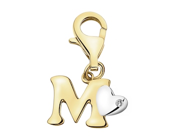 Zawieszka charms z żółtego złota z diamentem - litera M, serce - 0,004 ct - próba 375