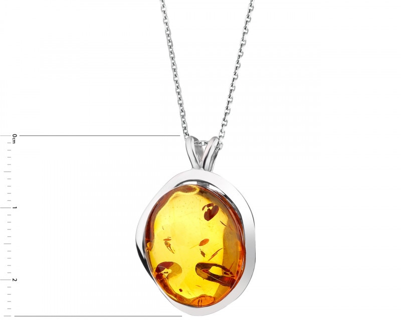 Rhodium Plated Silver Pendant with Amber