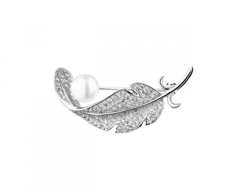 Broszka srebrna z perłą i cyrkoniami - piórko