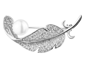 Broszka srebrna z perłą i cyrkoniami - piórko