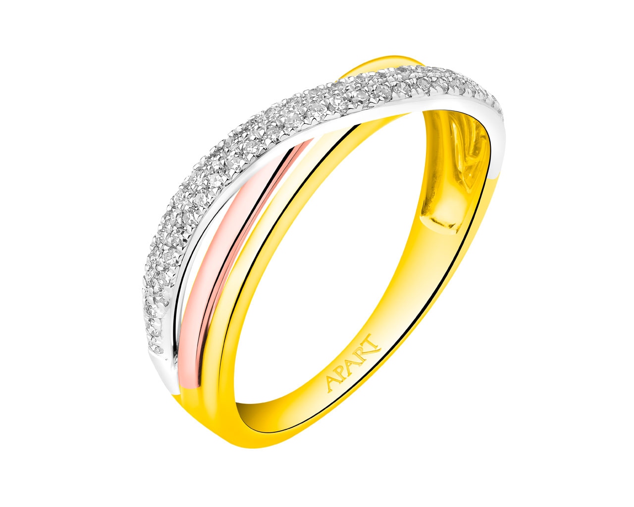 Pierścionek z żółtego, białego i różowego złota z diamentami 0,16 ct - próba 585