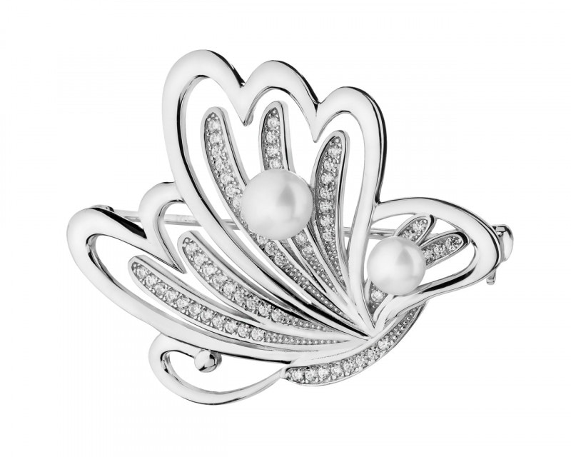 Rhodium Plated Silver Brooch with Pearl