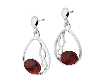 Rhodium Plated Silver Earrings with Amber