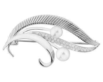 Broszka srebrna z perłami i cyrkoniami - liść