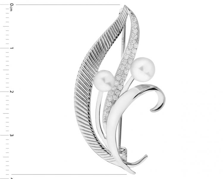 Sterling Silver Brooch with Pearls & Cubic Zirconia - Leaf