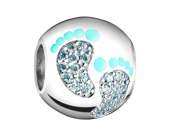 Zawieszka srebrna beads z cyrkoniami i emalią - Newborn, chłopiec, stopy